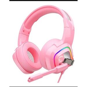 Pink Silver Wired Gaming Headset Noise Cancellation USB 3.5mm Boom Mic Headband